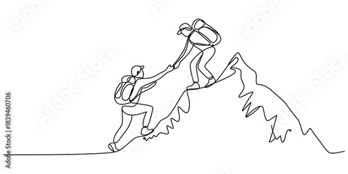 Continuous line drawing shows two hikers assisting each other on a steep mountain climb, symbolizing teamwork and mutual support in achieving challenging goals. Vector, illustration