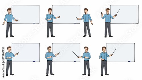 Man in Blue Shirt Teaching and Presenting in Front of Whiteboard.