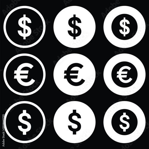 dollar and euro currency icon set featuring clean financial symbols