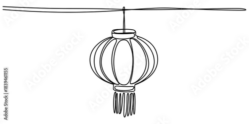 Single line drawing of a traditional asian lantern hanging from a wire with tassel detail, minimalist outline art on white. Vector, illustration