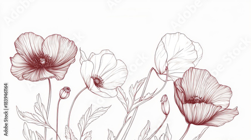 Elegant poppy flowers isolated on white background in a vintage botanical illustration