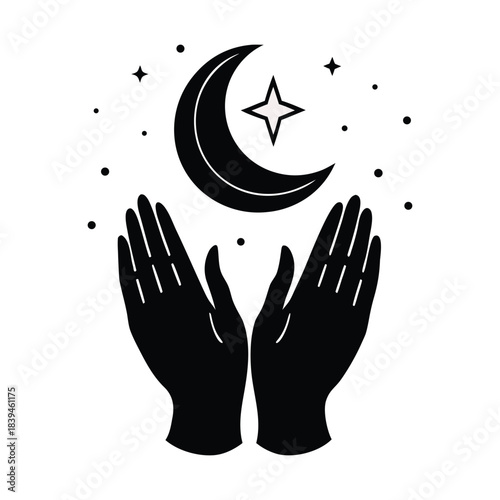Mystical hands reaching towards a crescent moon and star night