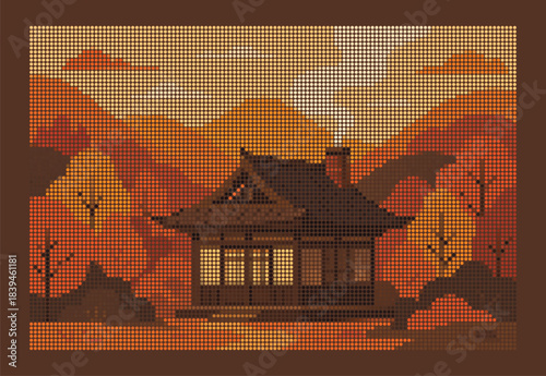 Traditional tea house nestled among autumn hills with smoke rising from chimney rhinestone halftone vector art poster template illustration dot mosaic scenery landscape
