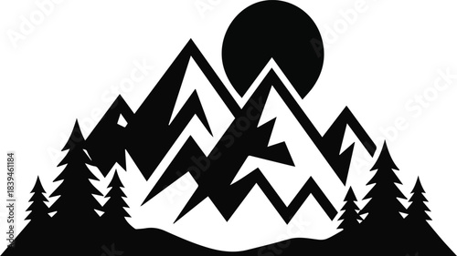 Black silhouette of jagged mountains and pine trees against a full moon white