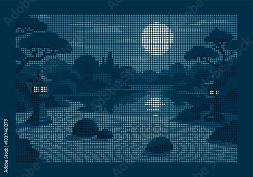 Rhinestone halftone dot art zen garden landscape with stone lanterns and full moon reflection on quiet pond water at night vector illustration blue mosaic background
