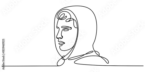 Minimalist continuous one-line drawing of a human profile with a hooded silhouette, creating an artistic and contemplative single-line portrait on a clean background Vector, illustration