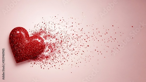 Glittering Red Heart Dissolving into Particles on Pink Background photo whisk