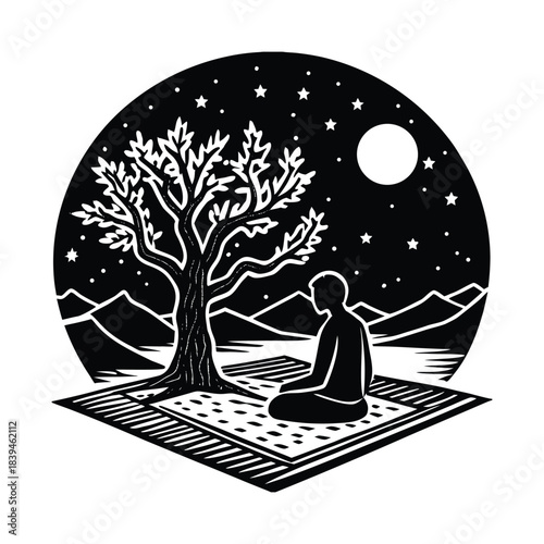 Person meditating under a tree on a rug with moon and mountains meditation sitting