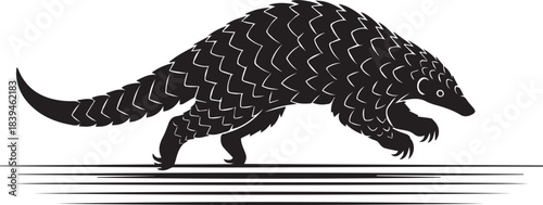 Silhouette of a pangolin made of small black shapes on a white background