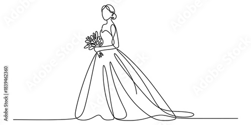 Continuous line drawing of an elegant bride in a flowing wedding dress holding a delicate floral bouquet, symbolizing love, marriage, and joyful celebration Vector, illustration