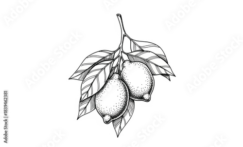 Black and White Line Art Drawing of Two Lemons on a Branch with Leaves citrus fruit