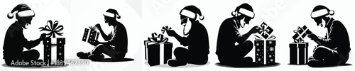 vector silhouette of a grandpa opening a Christmas present