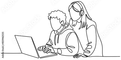 Continuous line art drawing of a young person actively using a laptop computer, with an older individual wearing headphones providing attentive guidance. Vector, illustration