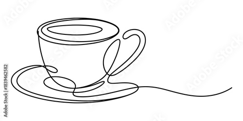 Continuous line drawing of a simple coffee cup with a handle and saucer, minimalist black outline art on a clean white background, perfect for modern designs. Vector, illustration