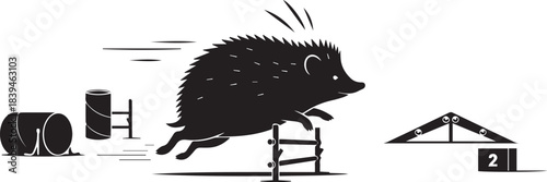 Whimsical hedgehog jumping over an obstacle in an agility course