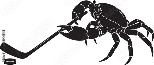 Crab playing hockey with a puck and stick silhouette