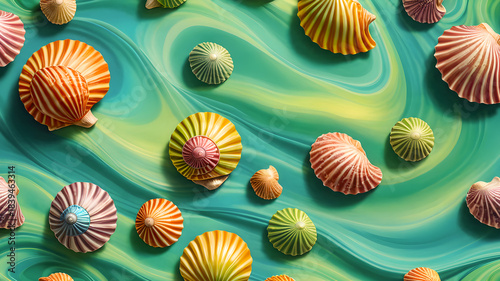 Seashells in decorative sea waves. Dynamic illustration. Shell background.	
