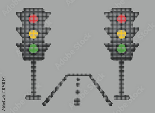 Rhinestone Halftone Traffic Light Road Poster Template: Dotted Art Print, Simple Street Intersection Structure, Red Yellow Green Lights