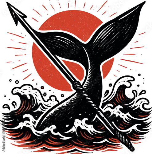 Whale Tail Ocean Waves Sunset Retro Vector