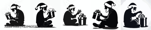 vector silhouette of a grandpa opening a Christmas present