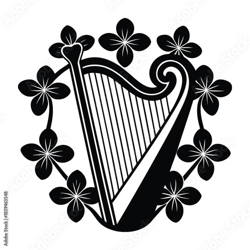 Black Silhouette Harp Surrounded by Four Leaf Clover Flowers in Circle music instrument