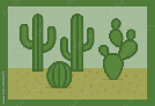 Geometric Green Cactus Desert Landscape Halftone Dot Matrix Vector Illustration Poster Art Summer Nature Background Sandy Ground Texture Pixel Mosaic Design
