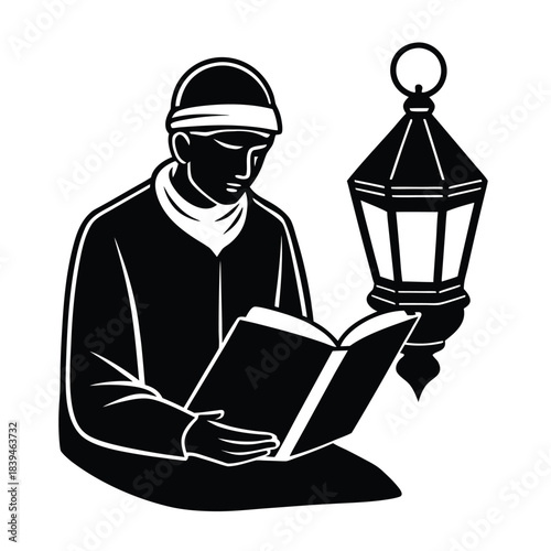 Black Silhouette of a Man Reading a Book by a Lantern vector illustration