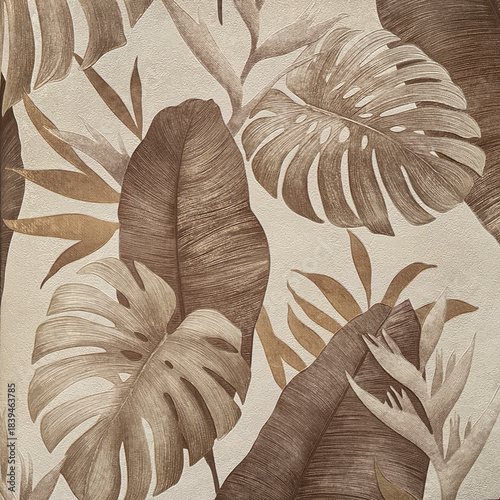 Tableau sur toile Graphic background in monstera tropical palm leaves pattern in vintage brown, cream, and white color