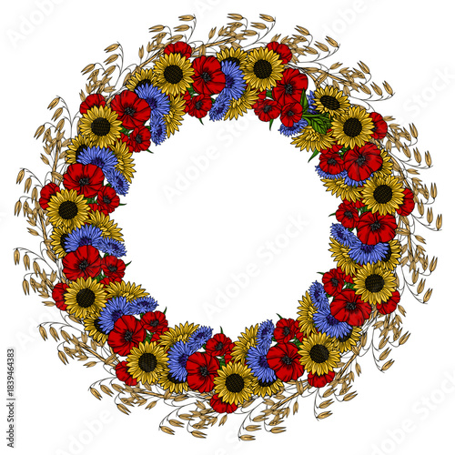 A vibrant circular vector wreath composed of sunflowers, red poppies, and blue cornflowers intertwined with golden oat stalks, perfect for festive or natural themes.
