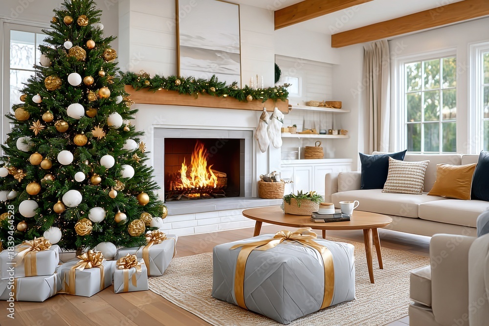 Obraz premium Cozy Christmas living room with decorated tree, gifts, and warm fireplace ambiance
