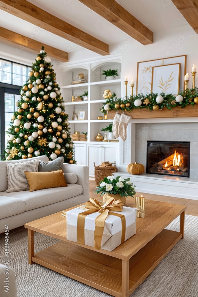 Obraz premium Cozy Christmas living room with gold and white decor, decorated tree and glowing fireplace scene