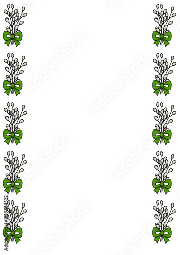 Festive vector border with delicate willow branches and vibrant green bows, perfect for spring greetings and Easter themes.