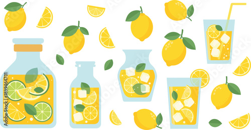 Lemonade drink vector collection featuring lemons, slices, mint leaves, juice jars, ice cubes and refreshing summer beverage illustrations