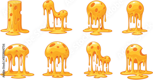 Melting slime vector collection featuring dripping glossy goo shapes, liquid blobs, sticky textures and cartoon flowing substance designs