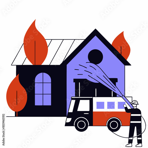 Firefighter extinguishing flames with hose from fire truck near house engulfed in fire