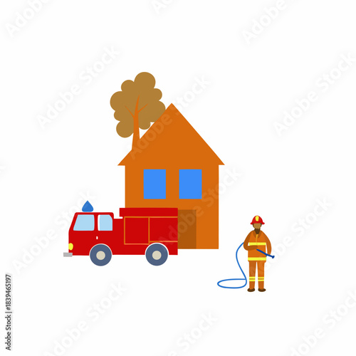 Firefighter with hose showing bravery near fire truck and house on bright white background