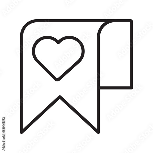 Bookmark with heart icon design on white background. Illustration of a square with a heart favorite inside and a bookmark on the right side in black and white. Bookmark with heart icon in line style.
