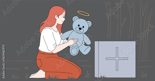 Woman Kneeling at Grave with Teddy Bear, Grief and Loss Concept