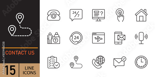 Contact us icons. Thin lines icons set for user interfaces. Collection of hand drawn outline icons representing contact information and communication methods. Collection communication and contact icon