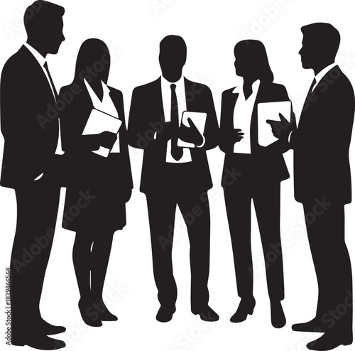 Five business people silhouettes in suits standing and holding documents group team