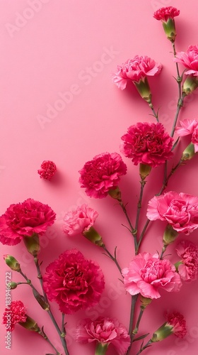 Delicate pink and crimson carnation flowers artfully arranged on a soft blush background, creating an elegant floral composition