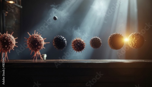 Tumor cells microscopy concept. Viral particles in a dramatic light setting show evolution and transformation.