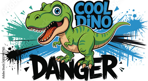 Cool T-Rex Dinosaur Cartoon Illustration with Splatter and Danger Text