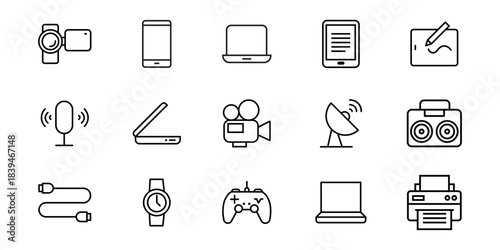 Collection of household and electronic device line art icons. Minimalist Household Appliance Icons Collection Clean and Simple Monochromatic Design Featuring. Vector Illustration