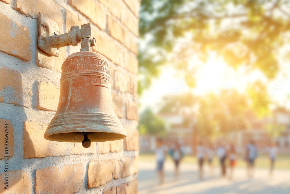 Fototapeta premium Old rustic bell hanging on brick wall bathed in sunlight
