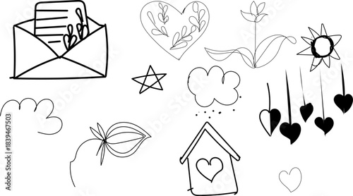 Handdrawn doodle elements envelope, heart, flower, star, cloud, house, leaves, hearts