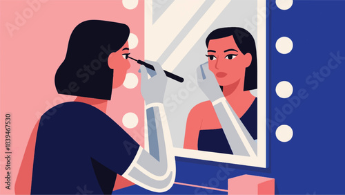 Illustration Of Woman With Limited Arm Movement Is Applying Eyeliner In Front Of A Vanity Mirror Vector Design Template