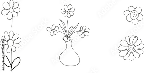 Collection of simple daisy flowers and a vase with flowers