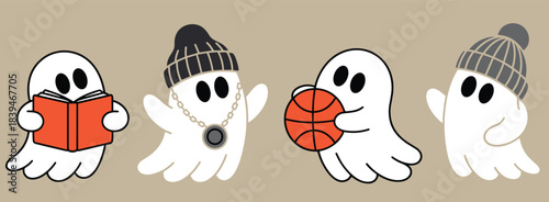 Set of Cute Hipster Halloween Ghosts with Knit Hats and Objects