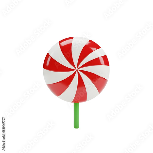 Red and White Peppermint Lollipop Isolated on White Background
